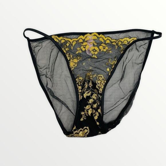 Vintage Victoria's Secret Black Sheer String Bikini Gold Metallic Lace Medium - Picture 1 of 7